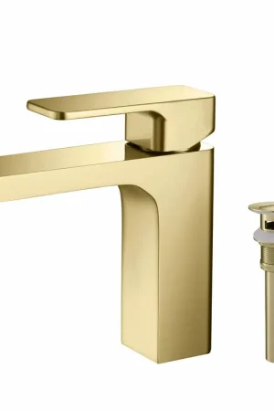 KIBI Blaze Single Handle Brushed Gold Solid Brass Bathroom Sink Faucet With Pop-Up Drain Stopper Small Cover With Overflow Premium