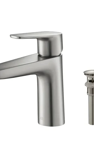 KIBI Harmony Single Handle Brushed Nickel Solid Brass Bathroom Sink Faucet With Pop-Up Drain Stopper Small Cover With Overflow Premium