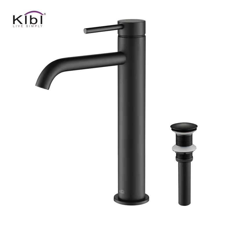 Shop Now KIBI Circular Single Handle Matte Black Solid Brass Bathroom Vessel Sink Faucet With Pop-Up Drain Stopper Small Cover Without Overflow