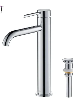 KIBI Circular Single Handle Chrome Solid Brass Bathroom Vessel Sink Faucet With Pop-Up Drain Stopper Small Cover Without Overflow Mega Sale