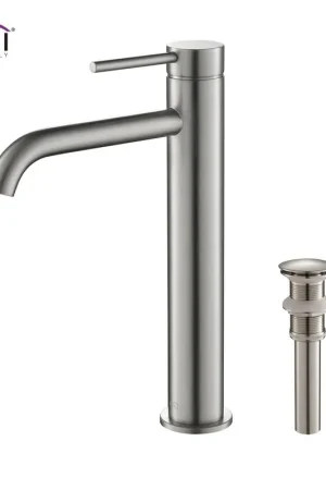 KIBI Circular Single Handle Brushed Nickel Solid Brass Bathroom Vessel Sink Faucet With Pop-Up Drain Stopper Small Cover Without Overflow Low Price