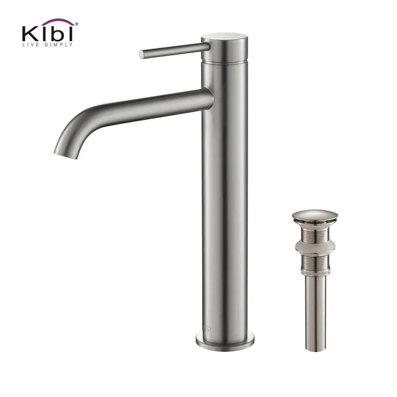 KIBI Circular Single Handle Brushed Nickel Solid Brass Bathroom Vessel Sink Faucet With Pop-Up Drain Stopper Small Cover Without Overflow Low Price