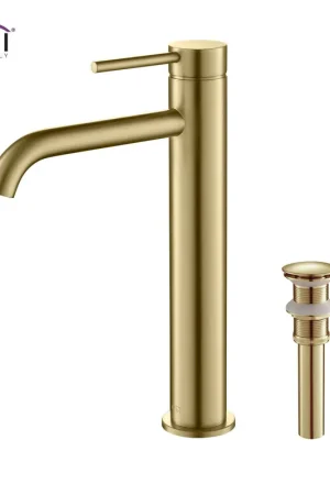 KIBI Circular Single Handle Brushed Gold Solid Brass Bathroom Vessel Sink Faucet With Pop-Up Drain Stopper Small Cover Without Overflow Free Delivery
