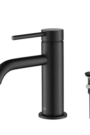 KIBI Circular Single Handle Matte Black Solid Brass Bathroom Sink Faucet With Pop-Up Drain Stopper Small Cover With Overflow Fresh Stock