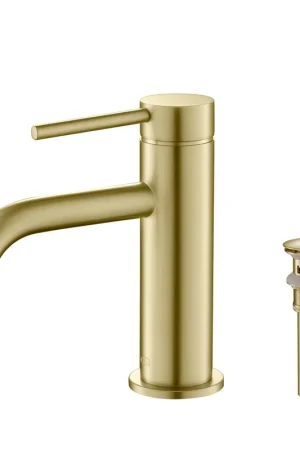 KIBI Circular Single Handle Brushed Gold Solid Brass Bathroom Sink Faucet With Pop-Up Drain Stopper Small Cover With Overflow Bargain