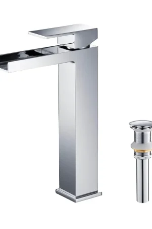 KIBI Waterfall Single Handle Chrome Solid Brass Bathroom Vanity Vessel Sink Faucet With Pop-Up Drain Stopper Small Cover Without Overflow Viral