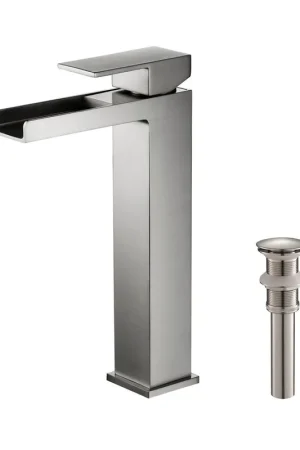 KIBI Waterfall Single Handle Brushed Nickel Solid Brass Bathroom Vanity Vessel Sink Faucet With Pop-Up Drain Stopper Small Cover Without Overflow Buy Online