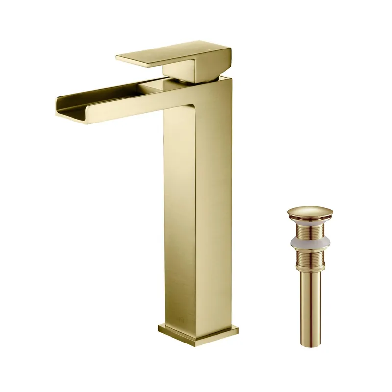 KIBI Waterfall Single Handle Brushed Gold Solid Brass Bathroom Vanity Vessel Sink Faucet With Pop-Up Drain Stopper Small Cover Without Overflow Deal