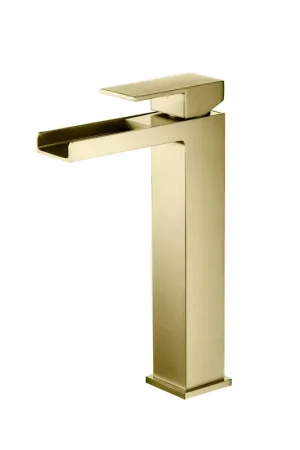 KIBI Waterfall Single Handle Brushed Gold Solid Brass Bathroom Vanity Vessel Sink Faucet Super Sale
