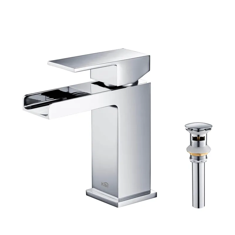 KIBI Waterfall Single Handle Chrome Solid Brass Bathroom Vanity Sink Faucet With Pop-Up Drain Stopper Small Cover With Overflow Price Cut