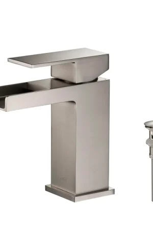 Free Returns KIBI Waterfall Single Handle Brushed Nickel Solid Brass Bathroom Vanity Sink Faucet With Pop-Up Drain Stopper Small Cover With Overflow
