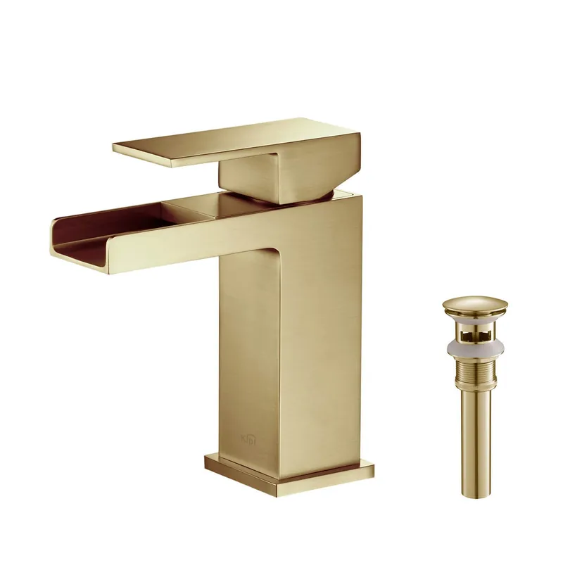 KIBI Waterfall Single Handle Brushed Gold Solid Brass Bathroom Vanity Sink Faucet With Pop-Up Drain Stopper Small Cover With Overflow Weekend Sale
