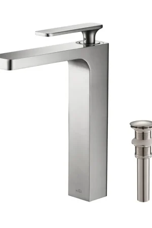KIBI Infinity Single Handle Brushed Nickel Solid Brass Bathroom Vanity Vessel Sink Faucet With Pop-Up Drain Stopper Small Cover Without Overflow Bulk Order