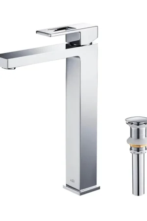 KIBI Cubic Single Handle Chrome Solid Brass Bathroom Vessel Sink Faucet With Pop-Up Drain Stopper Small Cover Without Overflow Brand New