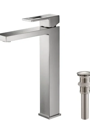 KIBI Cubic Single Handle Brushed Nickel Solid Brass Bathroom Vessel Sink Faucet With Pop-Up Drain Stopper Small Cover Without Overflow Direct From Factory