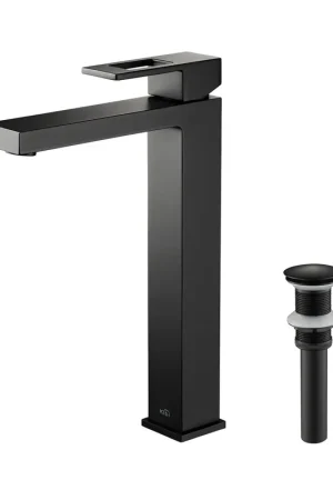 KIBI Cubic Single Handle Matte Black Solid Brass Bathroom Vessel Sink Faucet With Pop-Up Drain Stopper Small Cover Without Overflow One Day Deal