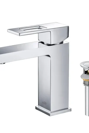 KIBI Cubic Single Handle Chrome Solid Brass Bathroom Vanity Sink Faucet With Pop-Up Drain Stopper Small Cover With Overflow Handmade