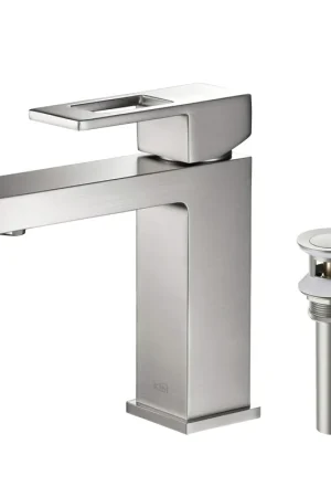 Holiday Sale KIBI Cubic Single Handle Brushed Nickel Solid Brass Bathroom Vanity Sink Faucet With Pop-Up Drain Stopper Small Cover With Overflow
