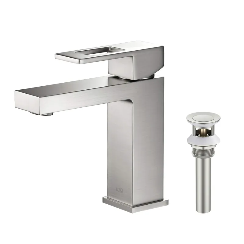 Holiday Sale KIBI Cubic Single Handle Brushed Nickel Solid Brass Bathroom Vanity Sink Faucet With Pop-Up Drain Stopper Small Cover With Overflow