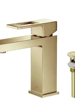 KIBI Cubic Single Handle Brushed Gold Solid Brass Bathroom Vanity Sink Faucet With Pop-Up Drain Stopper Small Cover With Overflow Original