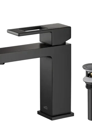 Bargain KIBI Cubic Single Handle Matte Black Solid Brass Bathroom Vanity Sink Faucet With Pop-Up Drain Stopper Small Cover With Overflow