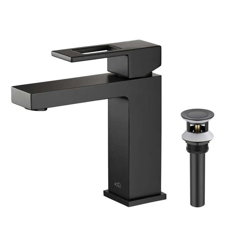 Bargain KIBI Cubic Single Handle Matte Black Solid Brass Bathroom Vanity Sink Faucet With Pop-Up Drain Stopper Small Cover With Overflow