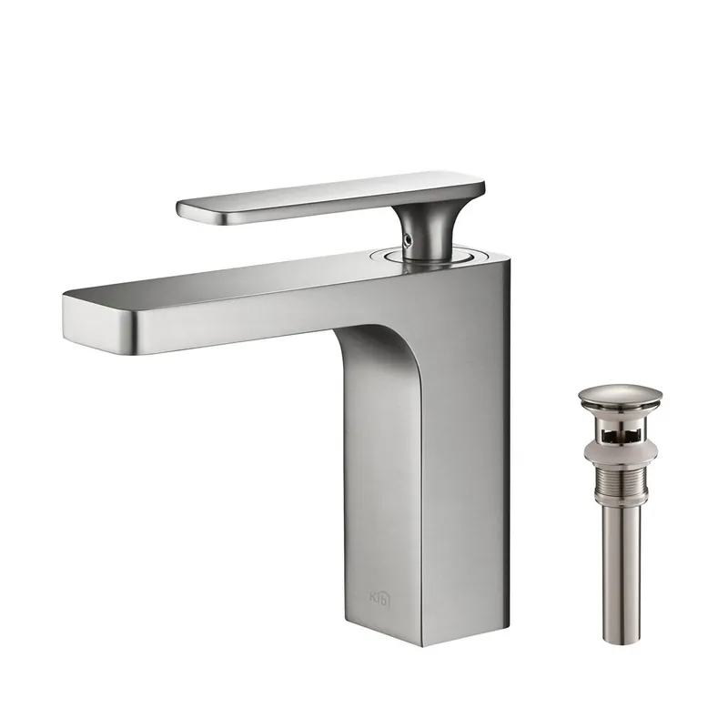 KIBI Infinity Single Handle Brushed Nickel Solid Brass Bathroom Vanity Sink Faucet With Pop-Up Drain Stopper Small Cover With Overflow Authentic