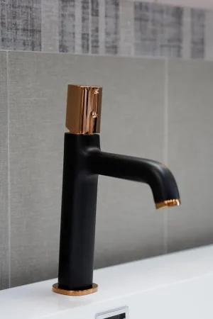 Certified Eviva Swan Matte Black Single Hole Bathroom Sink Faucet with Rose Gold Handle