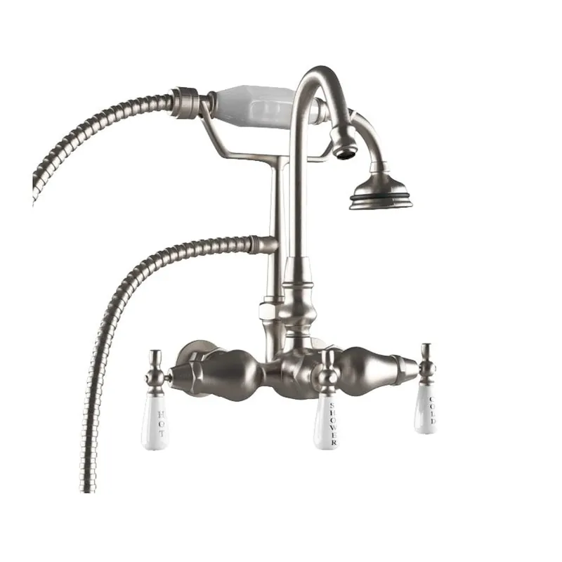 Direct From Manufacturer Cambridge Plumbing Brushed Nickel Clawfoot Tub Wall Mount British Telephonic Porcelain Handles Faucet With Hand Held Shower