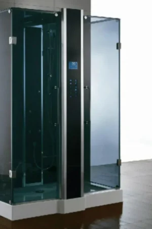 Athena Blue Glass 59" x 36" x 89" 2-Person 12-Jet Framed Rectangular Steam Shower With Dual Hinged Doors & LED Chromatherapy Lighting Shop Now