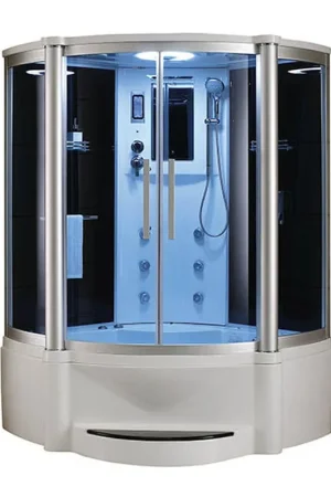 Direct From Manufacturer Mesa 55" x 55" x 87" Blue Tempered Glass Combination Steam Shower Jetted Tub With 3kW Steam Generator, 6 Acupuncture Jets and 6 Whirlpool Jets