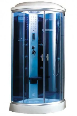 Discount Mesa 36" x 36" x 85" Round Blue Tempered Glass Corner Steam Shower With 3kW Steam Generator, 6 Acupuncture Water Body Jets and Ozone Sterilization System