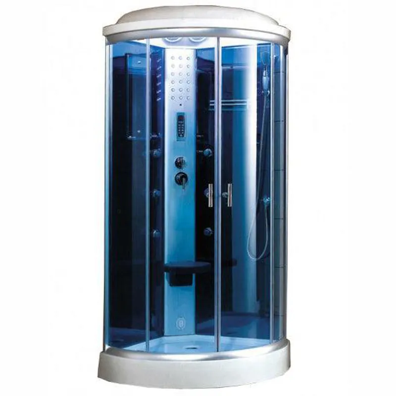 Discount Mesa 36" x 36" x 85" Round Blue Tempered Glass Corner Steam Shower With 3kW Steam Generator, 6 Acupuncture Water Body Jets and Ozone Sterilization System