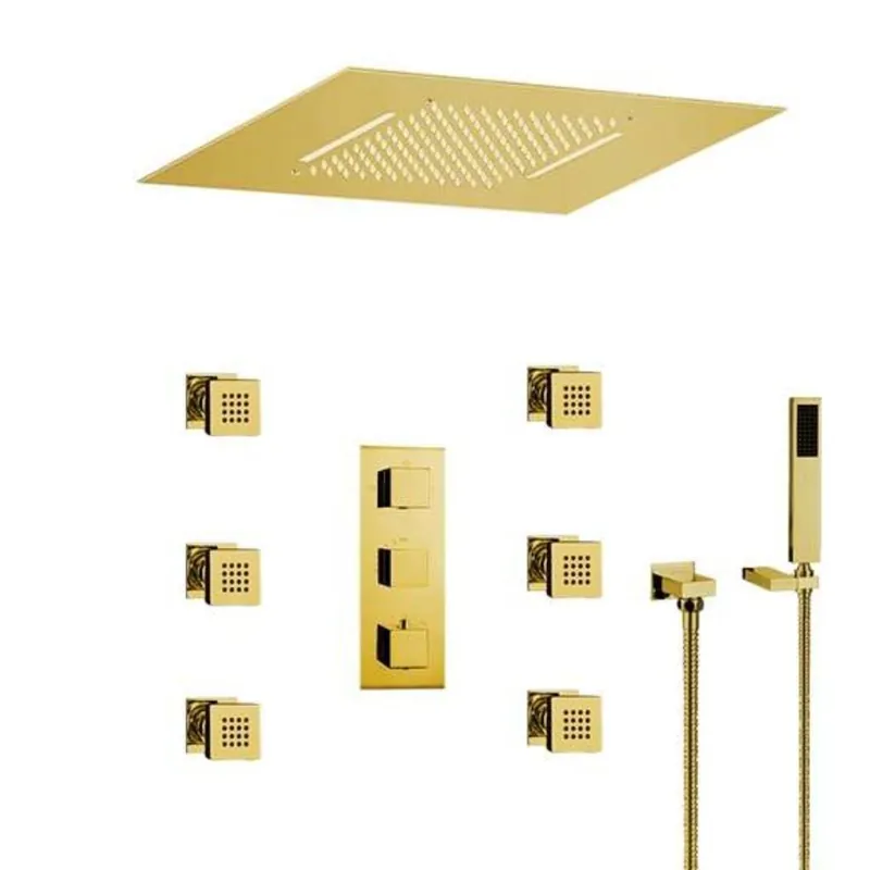Viral FontanaShowers Creative Luxury Gold Recessed Ceiling Mounted Color Changing Water Powered LED Shower System With Adjustable 6-Jet Body Sprays and Hand Shower