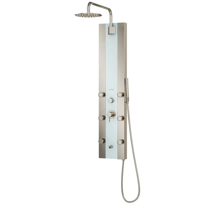PULSE ShowerSpas Tropicana Brushed Nickel and Soft White Tempered Glass Finish 1.8 GPM Rain Shower Panel With 6-Single Function Body Jets and Hand Shower Express Delivery