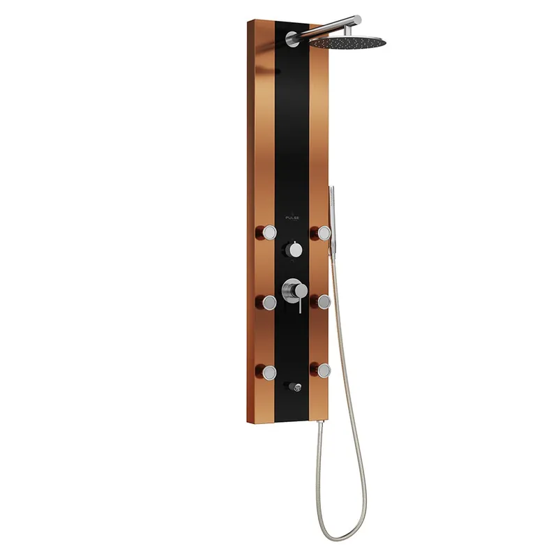 PULSE ShowerSpas Rio Rain Shower Panel 2.5 GPM in Black Glass and Bronze Finish With 6-Single Function Body Jet and Hand Shower Deal