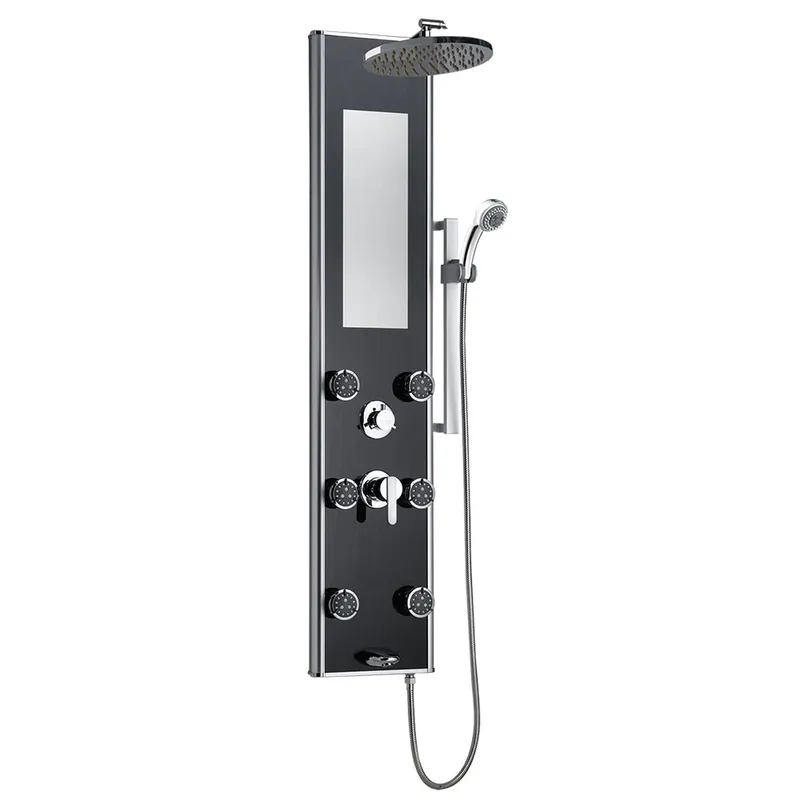 PULSE ShowerSpas Leilani 54" Rain Shower Panel in Black Glass and Chrome Finish With 6-Dual Function Body Jet and Multi Function Hand Shower Popular