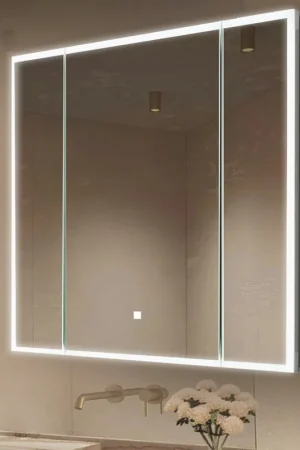 Aquadom Edge Royale 36" x 32" Triple-Door LED Lighted Medicine Cabinet With Defogger, Integrated LED 3X Magnifying Mirror, 8mm Clear Adjustable Glass Shelves and Electrical Outlet With USB Buy Direct