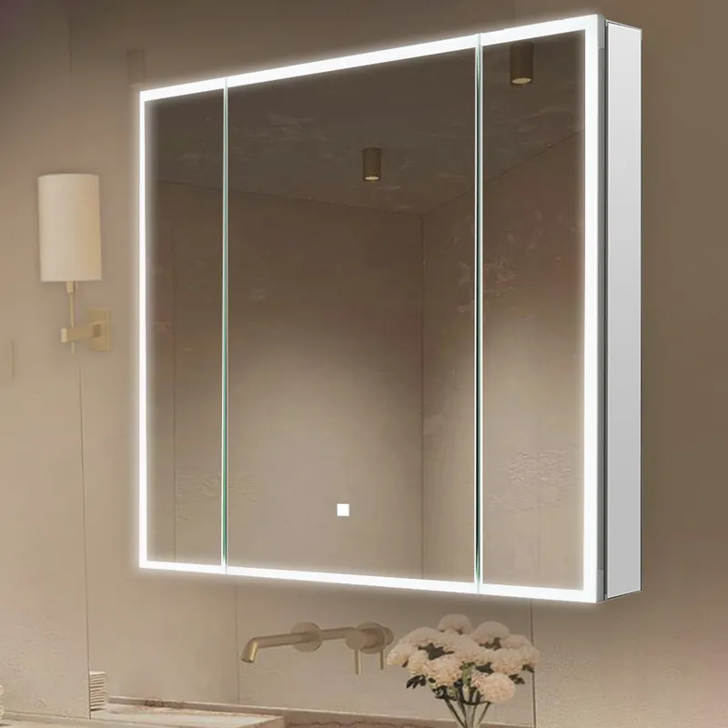 Aquadom Edge Royale 36" x 32" Triple-Door LED Lighted Medicine Cabinet With Defogger, Integrated LED 3X Magnifying Mirror, 8mm Clear Adjustable Glass Shelves and Electrical Outlet With USB Buy Direct