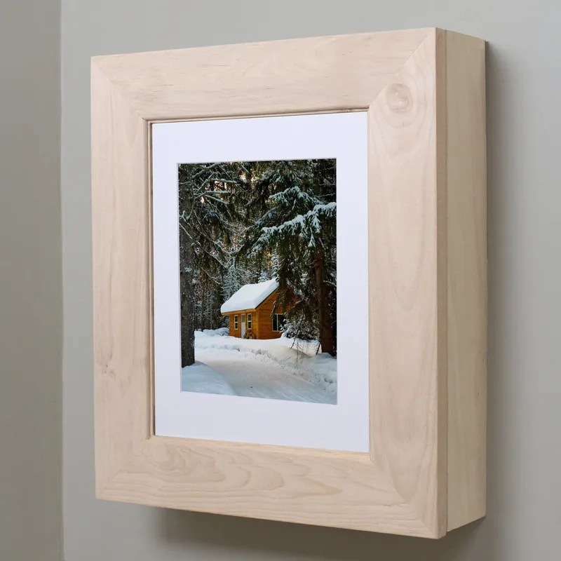 Authentic Fox Hollow Furnishings 20" x 17" Unfinished Wall Mount Flat Picture Frame Medicine Cabinet With White 8" x 10" Matting