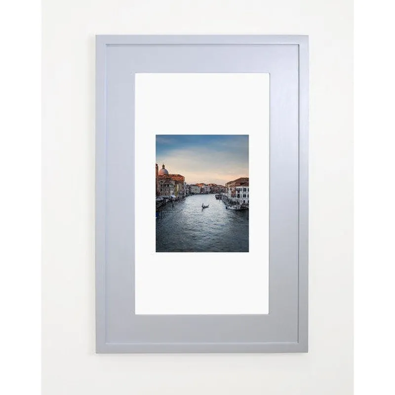 Authentic Fox Hollow Furnishings 14" x 24" Light Gray Extra Large Special 6" Depth White Interior Recessed Picture Frame Medicine Cabinet With Mirror and White 8" x 10 Matting