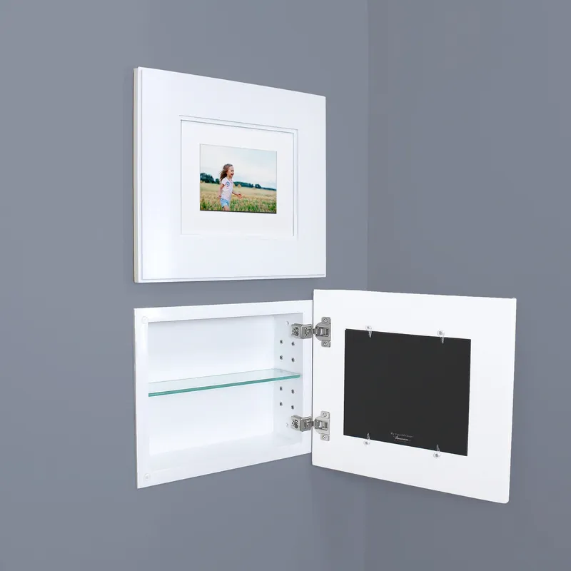 Premium Fox Hollow Furnishings 14" x 11" White Compact Landscape Shaker Standard Depth Recessed Picture Frame Medicine Cabinet With Ivory Matting