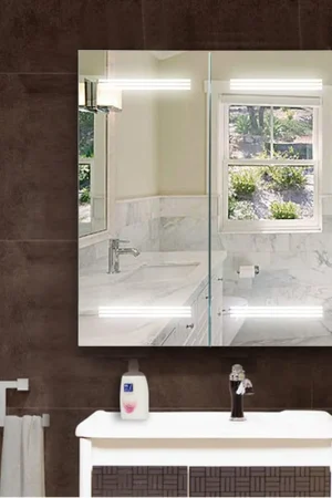 Crafted Vanity Art 25" W x 26" H Frameless LED Lighted Bathroom Vanity Wall Mirror With Wooden Medicine Cabinet