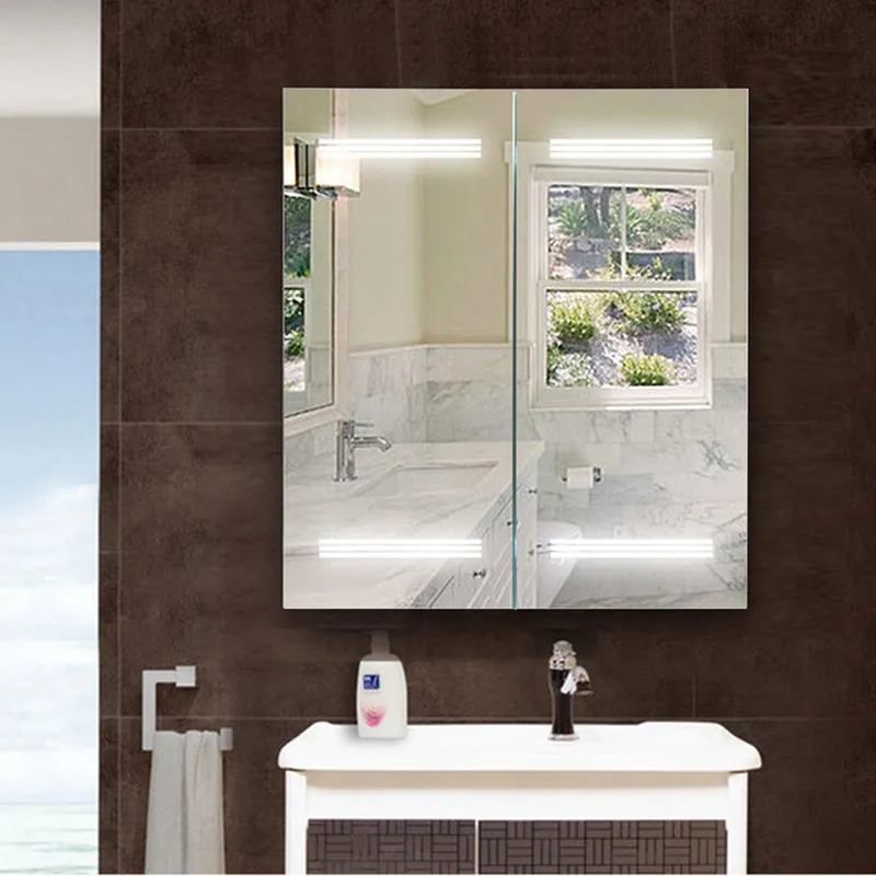Crafted Vanity Art 25" W x 26" H Frameless LED Lighted Bathroom Vanity Wall Mirror With Wooden Medicine Cabinet