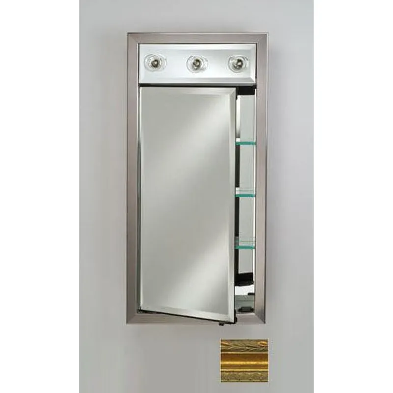 Brand New Afina Signature 17" x 30" Chateau Antique Gold Recessed Right Hinged Single Door Medicine Cabinet With Contemporary Lights