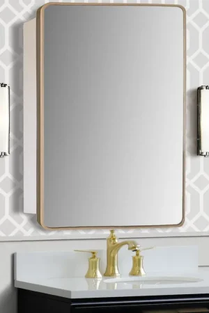 Bellaterra Home 29" x 18" Gold Rectangle Wall-Mounted Steel Framed Mirror Medicine Cabinet Original