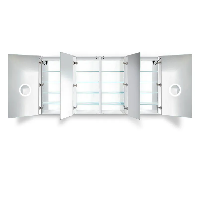 Warranty Included Krugg Reflections Svange 84" x 42" 5000K Double Quad-View Left-Left-Right-Right Opening Recessed/Surface-Mount Illuminated Silver Backed LED Medicine Cabinet Mirror With Built-in Defogger, Dimmer and Electrical Outlet