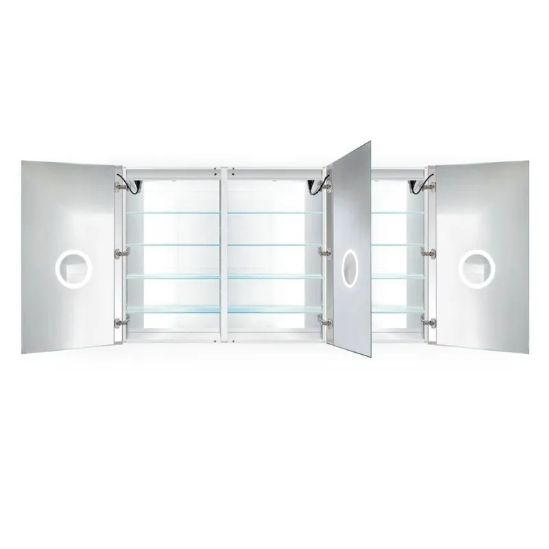 Popular Krugg Reflections Svange 72" x 42" 5000K Tri-View Left-Right-Right Opening Recessed/Surface-Mount Illuminated Silver Backed LED Medicine Cabinet Mirror With Built-in Defogger, Dimmer and Electrical Outlet