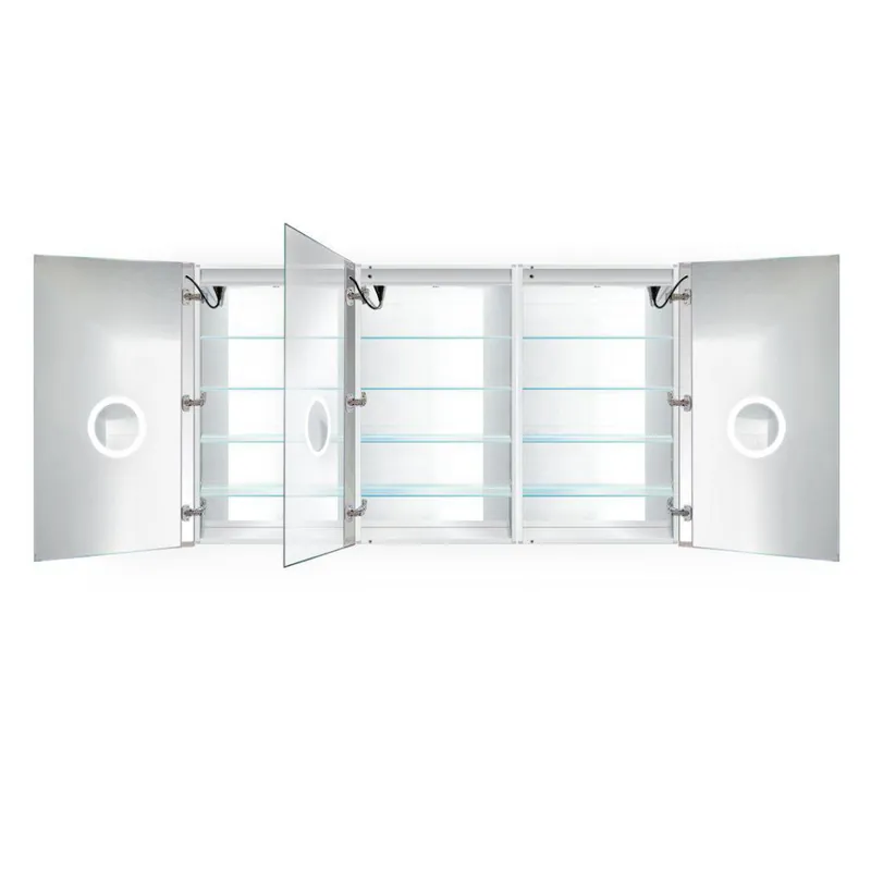 Trending Krugg Reflections Svange 72" x 42" 5000K Tri-View Left-Left-Right Opening Recessed/Surface-Mount Illuminated Silver Backed LED Medicine Cabinet Mirror With Built-in Defogger, Dimmer and Electrical Outlet