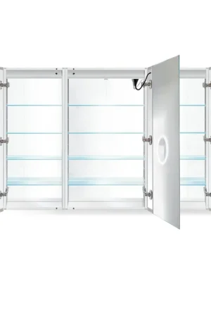 Fresh Stock Krugg Reflections Svange 60" x 42" 5000K Single Tri-View Left-Right-Right Opening Recessed/Surface-Mount Illuminated Silver Backed LED Medicine Cabinet Mirror With Built-in Defogger, Dimmer and Electrical Outlet